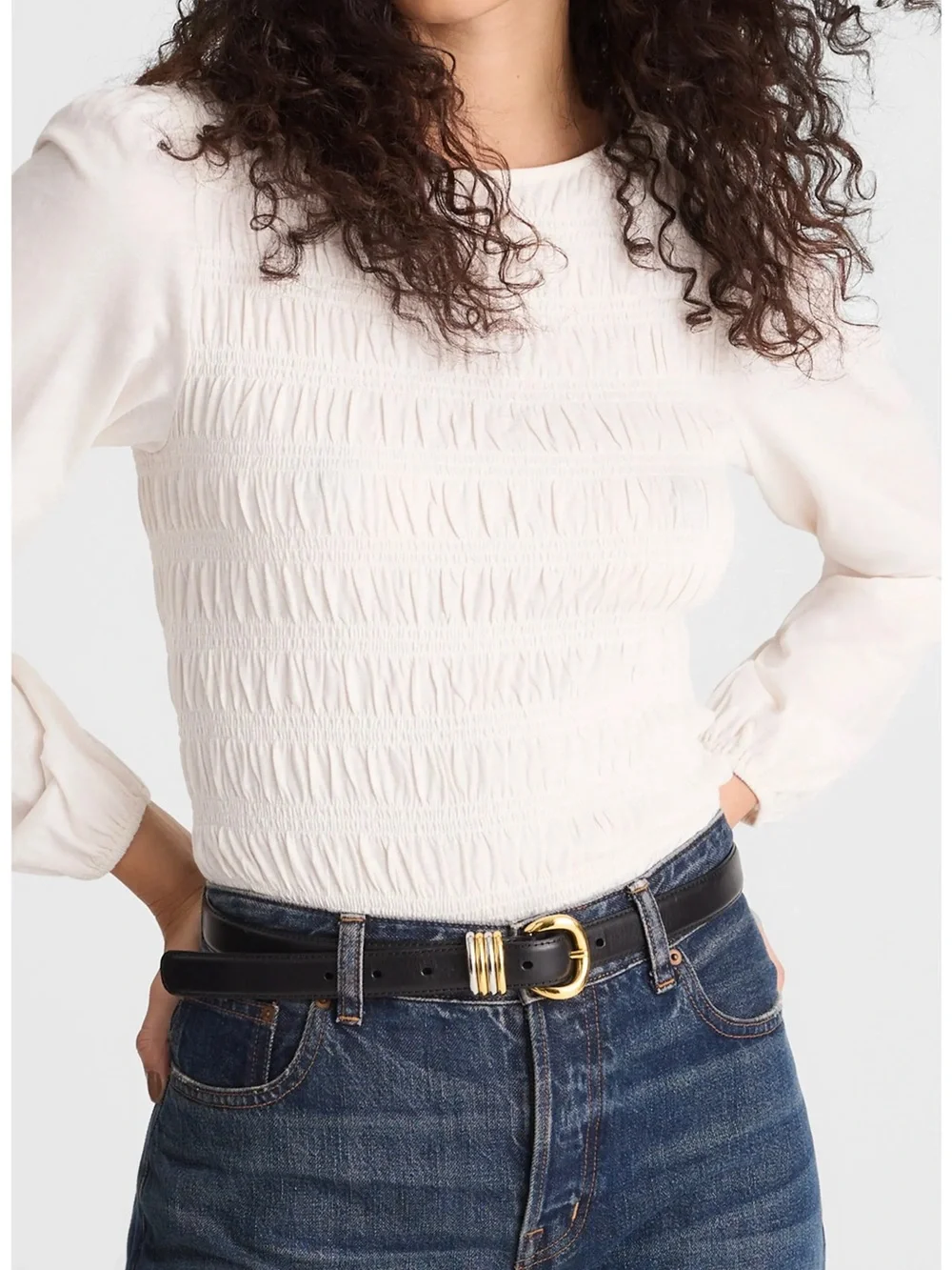 Madewell Ivory Smocked Long-Sleeve Top - Size Medium